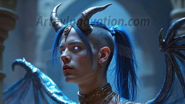 In a dark, ethereal realm, in the midst of the darkness, a figure emerges with an aura of power and magnetism. He is both horrific and strangely captivating, drawing the eye even as he repels the soul. His form is indistinct at first, a ripple in the oppressive blackness, you want to run but you become overwhelmed, drawn in to this creatures powers. Captative by both fear and beauty, you realize, he's a male succubus demon. Deep within the ruins of hell, with a sword in your hand, ready to battle, but unwilling or unable to do so. His skin, flickering fires, casting a dynamic glow across his glistening wet, shinny, body. The flames dance along his chiseled muscular torso and body, casting vibrant hues that seem to emanate from his very core. His eyes, have a piercing glow, locked in a gaze, his eyes, exudes confidence and authority. Unable to move, or unwilling to do so, drawn by his almost completely nude body and overwhelmed by his powers, you given to his will.