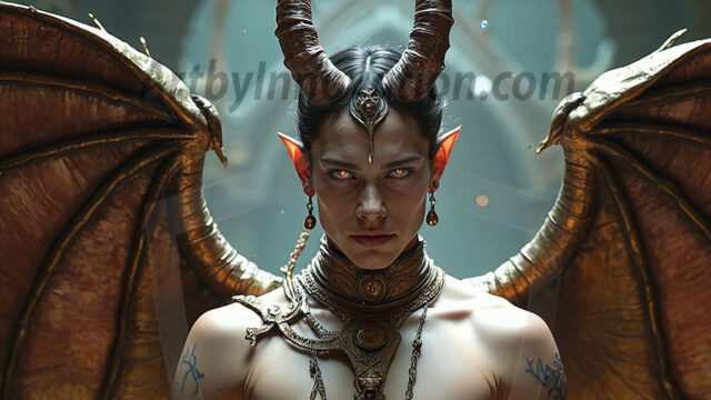 In a dark, ethereal realm, in the midst of the darkness, a figure emerges with an aura of power and magnetism. He is both horrific and strangely captivating, drawing the eye even as he repels the soul. His form is indistinct at first, a ripple in the oppressive blackness, you want to run but you become overwhelmed, drawn in to this creatures powers. Captative by both fear and beauty, you realize, he's a male succubus demon. Deep within the ruins of hell, with a sword in your hand, ready to battle, but unwilling or unable to do so. His skin, flickering fires, casting a dynamic glow across his glistening wet, shinny, body. The flames dance along his chiseled muscular torso and body, casting vibrant hues that seem to emanate from his very core. His eyes, have a piercing glow, locked in a gaze, his eyes, exudes confidence and authority. Unable to move, or unwilling to do so, drawn by his almost completely nude body and overwhelmed by his powers, you given to his will.