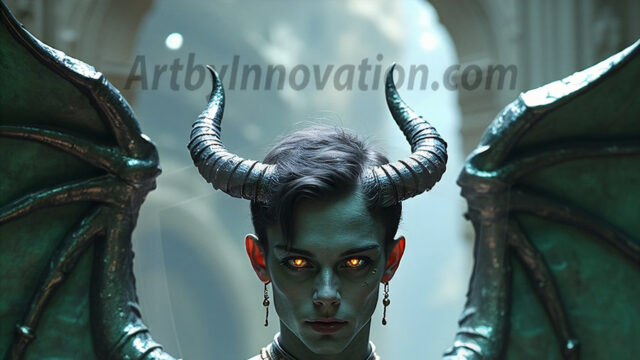 In a dark, ethereal realm, in the midst of the darkness, a figure emerges with an aura of power and magnetism. He is both horrific and strangely captivating, drawing the eye even as he repels the soul. His form is indistinct at first, a ripple in the oppressive blackness, you want to run but you become overwhelmed, drawn in to this creatures powers. Captative by both fear and beauty, you realize, he's a male succubus demon. Deep within the ruins of hell, with a sword in your hand, ready to battle, but unwilling or unable to do so. His skin, flickering fires, casting a dynamic glow across his glistening wet, shinny, body. The flames dance along his chiseled muscular torso and body, casting vibrant hues that seem to emanate from his very core. His eyes, have a piercing glow, locked in a gaze, his eyes, exudes confidence and authority. Unable to move, or unwilling to do so, drawn by his almost completely nude body and overwhelmed by his powers, you given to his will.