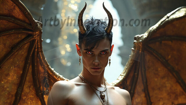 In a dark, ethereal realm, in the midst of the darkness, a figure emerges with an aura of power and magnetism. He is both horrific and strangely captivating, drawing the eye even as he repels the soul. His form is indistinct at first, a ripple in the oppressive blackness, you want to run but you become overwhelmed, drawn in to this creatures powers. Captative by both fear and beauty, you realize, he's a male succubus demon. Deep within the ruins of hell, with a sword in your hand, ready to battle, but unwilling or unable to do so. His skin, flickering fires, casting a dynamic glow across his glistening wet, shinny, body. The flames dance along his chiseled muscular torso and body, casting vibrant hues that seem to emanate from his very core. His eyes, have a piercing glow, locked in a gaze, his eyes, exudes confidence and authority. Unable to move, or unwilling to do so, drawn by his almost completely nude body and overwhelmed by his powers, you given to his will.