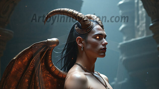 In a dark, ethereal realm, in the midst of the darkness, a figure emerges with an aura of power and magnetism. He is both horrific and strangely captivating, drawing the eye even as he repels the soul. His form is indistinct at first, a ripple in the oppressive blackness, you want to run but you become overwhelmed, drawn in to this creatures powers. Captative by both fear and beauty, you realize, he's a male succubus demon. Deep within the ruins of hell, with a sword in your hand, ready to battle, but unwilling or unable to do so. His skin, flickering fires, casting a dynamic glow across his glistening wet, shinny, body. The flames dance along his chiseled muscular torso and body, casting vibrant hues that seem to emanate from his very core. His eyes, have a piercing glow, locked in a gaze, his eyes, exudes confidence and authority. Unable to move, or unwilling to do so, drawn by his almost completely nude body and overwhelmed by his powers, you given to his will.