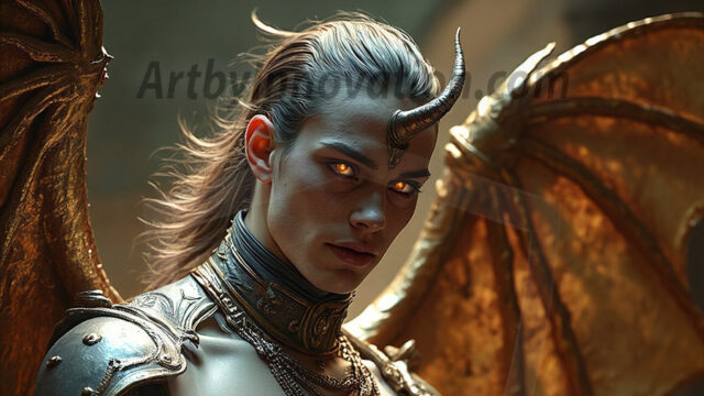 In a dark, ethereal realm, in the midst of the darkness, a figure emerges with an aura of power and magnetism. He is both horrific and strangely captivating, drawing the eye even as he repels the soul. His form is indistinct at first, a ripple in the oppressive blackness, you want to run but you become overwhelmed, drawn in to this creatures powers. Captative by both fear and beauty, you realize, he's a male succubus demon. Deep within the ruins of hell, with a sword in your hand, ready to battle, but unwilling or unable to do so. His skin, flickering fires, casting a dynamic glow across his glistening wet, shinny, body. The flames dance along his chiseled muscular torso and body, casting vibrant hues that seem to emanate from his very core. His eyes, have a piercing glow, locked in a gaze, his eyes, exudes confidence and authority. Unable to move, or unwilling to do so, drawn by his almost completely nude body and overwhelmed by his powers, you given to his will.