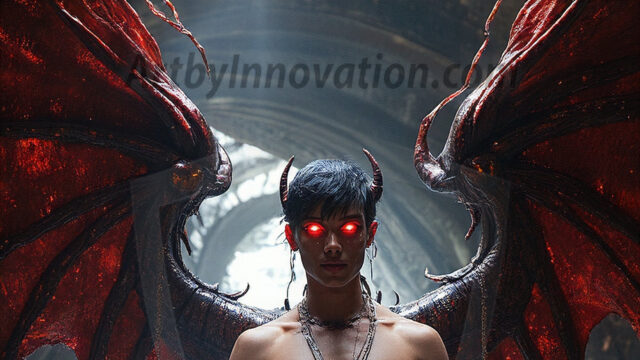 In a dark, ethereal realm, in the midst of the darkness, a figure emerges with an aura of power and magnetism. He is both horrific and strangely captivating, drawing the eye even as he repels the soul. His form is indistinct at first, a ripple in the oppressive blackness, you want to run but you become overwhelmed, drawn in to this creatures powers. Captative by both fear and beauty, you realize, he's a male succubus demon. Deep within the ruins of hell, with a sword in your hand, ready to battle, but unwilling or unable to do so. His skin, flickering fires, casting a dynamic glow across his glistening wet, shinny, body. The flames dance along his chiseled muscular torso and body, casting vibrant hues that seem to emanate from his very core. His eyes, have a piercing glow, locked in a gaze, his eyes, exudes confidence and authority. Unable to move, or unwilling to do so, drawn by his almost completely nude body and overwhelmed by his powers, you given to his will.