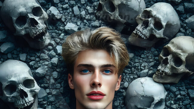 The Vampire Lestat de Lioncourt, created by Anne Rice, is a fascinating and complex character in The Vampire Chronicles novels. He's known for his captivating blend of vampiric existence and a lingering humanity. From Interview with a Vampire, The Vampire Lestat, and Queen of the Damned novels. I've created a series of images that I feel represent the man behind the vampire. In the midst of the darkness, a scary figure emerges with an aura of power and magnetism. Around his neck, a bold silver necklace glimmers, adding a touch of regal elegance to his dark ensemble. His lips, a vivid shade of red, open slightly to reveal his true nature, as he reveals his fangs, and a predatory grin from his stunningly handsome face, hinting at his primal nature. Strands of hair cascade around his face, capturing the silvery glow of the bright moonlight, and adding a touch of mystery to his intense visage, as they blow back in the wind.