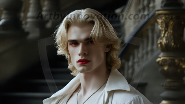 The Vampire Lestat de Lioncourt, created by Anne Rice, is a fascinating and complex character in The Vampire Chronicles novels. He's known for his captivating blend of vampiric existence and a lingering humanity. From Interview with a Vampire, The Vampire Lestat, and Queen of the Damned novels. I've created a series of images that I feel represent the man behind the vampire. In the midst of the darkness, a scary figure emerges with an aura of power and magnetism. Around his neck, a bold silver necklace glimmers, adding a touch of regal elegance to his dark ensemble. His lips, a vivid shade of red, open slightly to reveal his true nature, as he reveals his fangs, and a predatory grin from his stunningly handsome face, hinting at his primal nature. Strands of hair cascade around his face, capturing the silvery glow of the bright moonlight, and adding a touch of mystery to his intense visage, as they blow back in the wind.