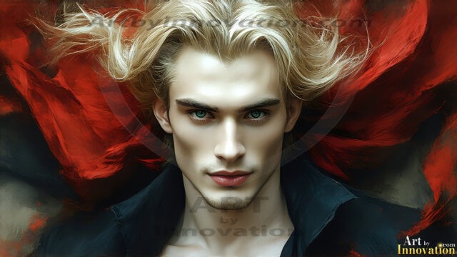 The Vampire Lestat de Lioncourt, created by Anne Rice, is a fascinating and complex character in The Vampire Chronicles novels. He's known for his captivating blend of vampiric existence and a lingering humanity. From Interview with a Vampire, The Vampire Lestat, and Queen of the Damned novels. I've created a series of images that I feel represent the man behind the vampire. In the midst of the darkness, a scary figure emerges with an aura of power and magnetism. Around his neck, a bold silver necklace glimmers, adding a touch of regal elegance to his dark ensemble. His lips, a vivid shade of red, open slightly to reveal his true nature, as he reveals his fangs, and a predatory grin from his stunningly handsome face, hinting at his primal nature. Strands of hair cascade around his face, capturing the silvery glow of the bright moonlight, and adding a touch of mystery to his intense visage, as they blow back in the wind.