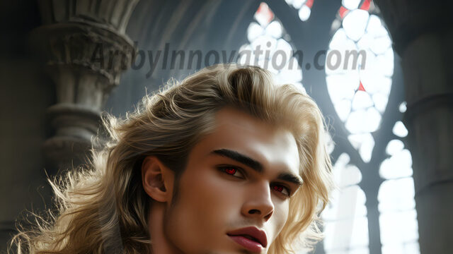 The Vampire Lestat de Lioncourt, created by Anne Rice, is a fascinating and complex character in The Vampire Chronicles novels. He's known for his captivating blend of vampiric existence and a lingering humanity. From Interview with a Vampire, The Vampire Lestat, and Queen of the Damned novels. I've created a series of images that I feel represent the man behind the vampire. In the midst of the darkness, a scary figure emerges with an aura of power and magnetism. Around his neck, a bold silver necklace glimmers, adding a touch of regal elegance to his dark ensemble. His lips, a vivid shade of red, open slightly to reveal his true nature, as he reveals his fangs, and a predatory grin from his stunningly handsome face, hinting at his primal nature. Strands of hair cascade around his face, capturing the silvery glow of the bright moonlight, and adding a touch of mystery to his intense visage, as they blow back in the wind.