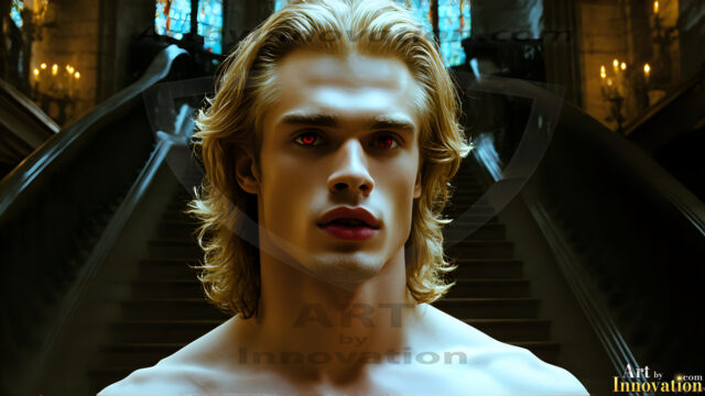 The Vampire Lestat de Lioncourt, created by Anne Rice, is a fascinating and complex character in The Vampire Chronicles novels. He's known for his captivating blend of vampiric existence and a lingering humanity. From Interview with a Vampire, The Vampire Lestat, and Queen of the Damned novels. I've created a series of images that I feel represent the man behind the vampire. In the midst of the darkness, a scary figure emerges with an aura of power and magnetism. Around his neck, a bold silver necklace glimmers, adding a touch of regal elegance to his dark ensemble. His lips, a vivid shade of red, open slightly to reveal his true nature, as he reveals his fangs, and a predatory grin from his stunningly handsome face, hinting at his primal nature. Strands of hair cascade around his face, capturing the silvery glow of the bright moonlight, and adding a touch of mystery to his intense visage, as they blow back in the wind.