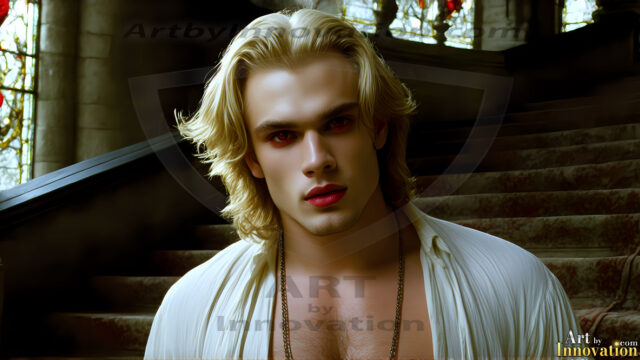 The Vampire Lestat de Lioncourt, created by Anne Rice, is a fascinating and complex character in The Vampire Chronicles novels. He's known for his captivating blend of vampiric existence and a lingering humanity. From Interview with a Vampire, The Vampire Lestat, and Queen of the Damned novels. I've created a series of images that I feel represent the man behind the vampire. In the midst of the darkness, a scary figure emerges with an aura of power and magnetism. Around his neck, a bold silver necklace glimmers, adding a touch of regal elegance to his dark ensemble. His lips, a vivid shade of red, open slightly to reveal his true nature, as he reveals his fangs, and a predatory grin from his stunningly handsome face, hinting at his primal nature. Strands of hair cascade around his face, capturing the silvery glow of the bright moonlight, and adding a touch of mystery to his intense visage, as they blow back in the wind.