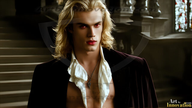 The Vampire Lestat de Lioncourt, created by Anne Rice, is a fascinating and complex character in The Vampire Chronicles novels. He's known for his captivating blend of vampiric existence and a lingering humanity. From Interview with a Vampire, The Vampire Lestat, and Queen of the Damned novels. I've created a series of images that I feel represent the man behind the vampire. In the midst of the darkness, a scary figure emerges with an aura of power and magnetism. Around his neck, a bold silver necklace glimmers, adding a touch of regal elegance to his dark ensemble. His lips, a vivid shade of red, open slightly to reveal his true nature, as he reveals his fangs, and a predatory grin from his stunningly handsome face, hinting at his primal nature. Strands of hair cascade around his face, capturing the silvery glow of the bright moonlight, and adding a touch of mystery to his intense visage, as they blow back in the wind.