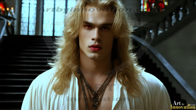 The Vampire Lestat de Lioncourt, created by Anne Rice, is a fascinating and complex character in The Vampire Chronicles novels. He's known for his captivating blend of vampiric existence and a lingering humanity. From Interview with a Vampire, The Vampire Lestat, and Queen of the Damned novels. I've created a series of images that I feel represent the man behind the vampire. In the midst of the darkness, a scary figure emerges with an aura of power and magnetism. Around his neck, a bold silver necklace glimmers, adding a touch of regal elegance to his dark ensemble. His lips, a vivid shade of red, open slightly to reveal his true nature, as he reveals his fangs, and a predatory grin from his stunningly handsome face, hinting at his primal nature. Strands of hair cascade around his face, capturing the silvery glow of the bright moonlight, and adding a touch of mystery to his intense visage, as they blow back in the wind.