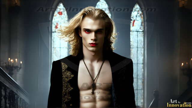 The Vampire Lestat de Lioncourt, created by Anne Rice, is a fascinating and complex character in The Vampire Chronicles novels. He's known for his captivating blend of vampiric existence and a lingering humanity. From Interview with a Vampire, The Vampire Lestat, and Queen of the Damned novels. I've created a series of images that I feel represent the man behind the vampire. In the midst of the darkness, a scary figure emerges with an aura of power and magnetism. Around his neck, a bold silver necklace glimmers, adding a touch of regal elegance to his dark ensemble. His lips, a vivid shade of red, open slightly to reveal his true nature, as he reveals his fangs, and a predatory grin from his stunningly handsome face, hinting at his primal nature. Strands of hair cascade around his face, capturing the silvery glow of the bright moonlight, and adding a touch of mystery to his intense visage, as they blow back in the wind.