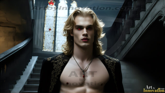 The Vampire Lestat de Lioncourt, created by Anne Rice, is a fascinating and complex character in The Vampire Chronicles novels. He's known for his captivating blend of vampiric existence and a lingering humanity. From Interview with a Vampire, The Vampire Lestat, and Queen of the Damned novels. I've created a series of images that I feel represent the man behind the vampire. In the midst of the darkness, a scary figure emerges with an aura of power and magnetism. Around his neck, a bold silver necklace glimmers, adding a touch of regal elegance to his dark ensemble. His lips, a vivid shade of red, open slightly to reveal his true nature, as he reveals his fangs, and a predatory grin from his stunningly handsome face, hinting at his primal nature. Strands of hair cascade around his face, capturing the silvery glow of the bright moonlight, and adding a touch of mystery to his intense visage, as they blow back in the wind.