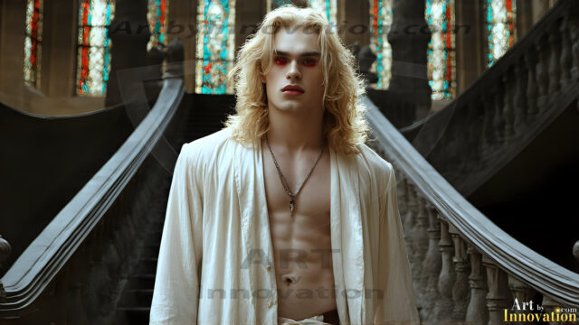 The Vampire Lestat de Lioncourt, created by Anne Rice, is a fascinating and complex character in The Vampire Chronicles novels. He's known for his captivating blend of vampiric existence and a lingering humanity. From Interview with a Vampire, The Vampire Lestat, and Queen of the Damned novels. I've created a series of images that I feel represent the man behind the vampire. In the midst of the darkness, a scary figure emerges with an aura of power and magnetism. Around his neck, a bold silver necklace glimmers, adding a touch of regal elegance to his dark ensemble. His lips, a vivid shade of red, open slightly to reveal his true nature, as he reveals his fangs, and a predatory grin from his stunningly handsome face, hinting at his primal nature. Strands of hair cascade around his face, capturing the silvery glow of the bright moonlight, and adding a touch of mystery to his intense visage, as they blow back in the wind.