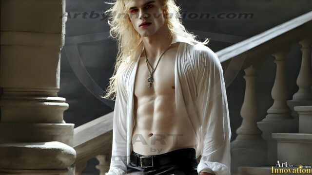 The Vampire Lestat de Lioncourt, created by Anne Rice, is a fascinating and complex character in The Vampire Chronicles novels. He's known for his captivating blend of vampiric existence and a lingering humanity. From Interview with a Vampire, The Vampire Lestat, and Queen of the Damned novels. I've created a series of images that I feel represent the man behind the vampire. In the midst of the darkness, a scary figure emerges with an aura of power and magnetism. Around his neck, a bold silver necklace glimmers, adding a touch of regal elegance to his dark ensemble. His lips, a vivid shade of red, open slightly to reveal his true nature, as he reveals his fangs, and a predatory grin from his stunningly handsome face, hinting at his primal nature. Strands of hair cascade around his face, capturing the silvery glow of the bright moonlight, and adding a touch of mystery to his intense visage, as they blow back in the wind.