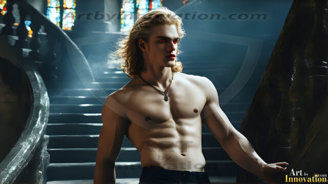 The Vampire Lestat de Lioncourt, created by Anne Rice, is a fascinating and complex character in The Vampire Chronicles novels. He's known for his captivating blend of vampiric existence and a lingering humanity. From Interview with a Vampire, The Vampire Lestat, and Queen of the Damned novels. I've created a series of images that I feel represent the man behind the vampire. In the midst of the darkness, a scary figure emerges with an aura of power and magnetism. Around his neck, a bold silver necklace glimmers, adding a touch of regal elegance to his dark ensemble. His lips, a vivid shade of red, open slightly to reveal his true nature, as he reveals his fangs, and a predatory grin from his stunningly handsome face, hinting at his primal nature. Strands of hair cascade around his face, capturing the silvery glow of the bright moonlight, and adding a touch of mystery to his intense visage, as they blow back in the wind.