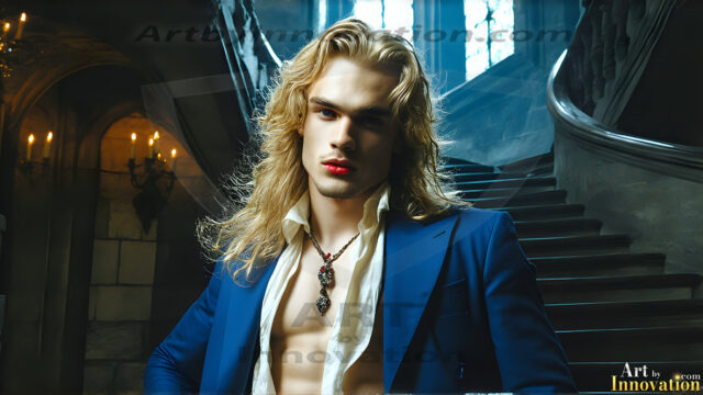 The Vampire Lestat de Lioncourt, created by Anne Rice, is a fascinating and complex character in The Vampire Chronicles novels. He's known for his captivating blend of vampiric existence and a lingering humanity. From Interview with a Vampire, The Vampire Lestat, and Queen of the Damned novels. I've created a series of images that I feel represent the man behind the vampire. In the midst of the darkness, a scary figure emerges with an aura of power and magnetism. Around his neck, a bold silver necklace glimmers, adding a touch of regal elegance to his dark ensemble. His lips, a vivid shade of red, open slightly to reveal his true nature, as he reveals his fangs, and a predatory grin from his stunningly handsome face, hinting at his primal nature. Strands of hair cascade around his face, capturing the silvery glow of the bright moonlight, and adding a touch of mystery to his intense visage, as they blow back in the wind.