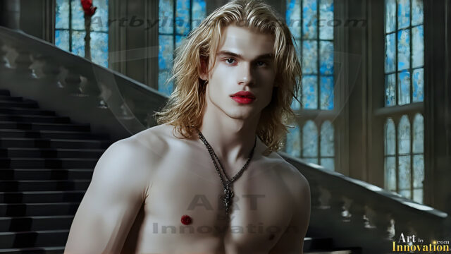 The Vampire Lestat de Lioncourt, created by Anne Rice, is a fascinating and complex character in The Vampire Chronicles novels. He's known for his captivating blend of vampiric existence and a lingering humanity. From Interview with a Vampire, The Vampire Lestat, and Queen of the Damned novels. I've created a series of images that I feel represent the man behind the vampire. In the midst of the darkness, a scary figure emerges with an aura of power and magnetism. Around his neck, a bold silver necklace glimmers, adding a touch of regal elegance to his dark ensemble. His lips, a vivid shade of red, open slightly to reveal his true nature, as he reveals his fangs, and a predatory grin from his stunningly handsome face, hinting at his primal nature. Strands of hair cascade around his face, capturing the silvery glow of the bright moonlight, and adding a touch of mystery to his intense visage, as they blow back in the wind.