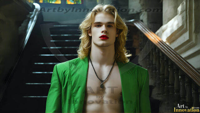 The Vampire Lestat de Lioncourt, created by Anne Rice, is a fascinating and complex character in The Vampire Chronicles novels. He's known for his captivating blend of vampiric existence and a lingering humanity. From Interview with a Vampire, The Vampire Lestat, and Queen of the Damned novels. I've created a series of images that I feel represent the man behind the vampire. In the midst of the darkness, a scary figure emerges with an aura of power and magnetism. Around his neck, a bold silver necklace glimmers, adding a touch of regal elegance to his dark ensemble. His lips, a vivid shade of red, open slightly to reveal his true nature, as he reveals his fangs, and a predatory grin from his stunningly handsome face, hinting at his primal nature. Strands of hair cascade around his face, capturing the silvery glow of the bright moonlight, and adding a touch of mystery to his intense visage, as they blow back in the wind.