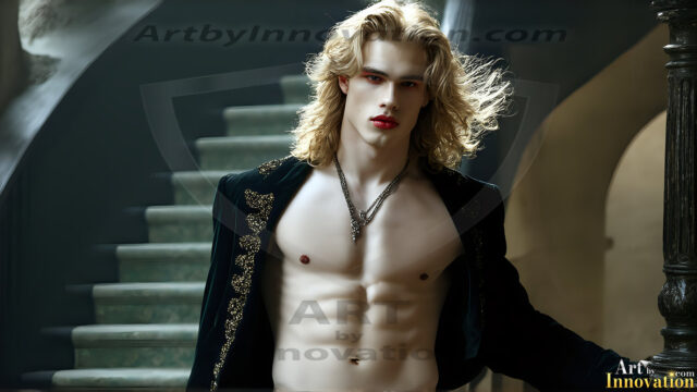 The Vampire Lestat de Lioncourt, created by Anne Rice, is a fascinating and complex character in The Vampire Chronicles novels. He's known for his captivating blend of vampiric existence and a lingering humanity. From Interview with a Vampire, The Vampire Lestat, and Queen of the Damned novels. I've created a series of images that I feel represent the man behind the vampire. In the midst of the darkness, a scary figure emerges with an aura of power and magnetism. Around his neck, a bold silver necklace glimmers, adding a touch of regal elegance to his dark ensemble. His lips, a vivid shade of red, open slightly to reveal his true nature, as he reveals his fangs, and a predatory grin from his stunningly handsome face, hinting at his primal nature. Strands of hair cascade around his face, capturing the silvery glow of the bright moonlight, and adding a touch of mystery to his intense visage, as they blow back in the wind.