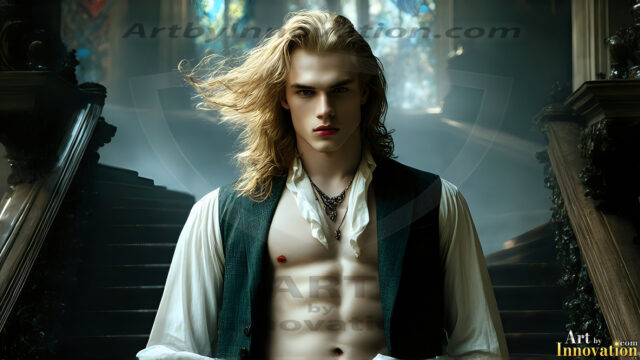 The Vampire Lestat de Lioncourt, created by Anne Rice, is a fascinating and complex character in The Vampire Chronicles novels. He's known for his captivating blend of vampiric existence and a lingering humanity. From Interview with a Vampire, The Vampire Lestat, and Queen of the Damned novels. I've created a series of images that I feel represent the man behind the vampire. In the midst of the darkness, a scary figure emerges with an aura of power and magnetism. Around his neck, a bold silver necklace glimmers, adding a touch of regal elegance to his dark ensemble. His lips, a vivid shade of red, open slightly to reveal his true nature, as he reveals his fangs, and a predatory grin from his stunningly handsome face, hinting at his primal nature. Strands of hair cascade around his face, capturing the silvery glow of the bright moonlight, and adding a touch of mystery to his intense visage, as they blow back in the wind.