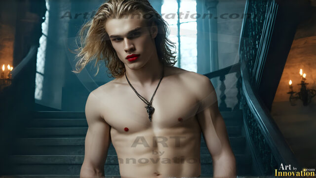 The Vampire Lestat de Lioncourt, created by Anne Rice, is a fascinating and complex character in The Vampire Chronicles novels. He's known for his captivating blend of vampiric existence and a lingering humanity. From Interview with a Vampire, The Vampire Lestat, and Queen of the Damned novels. I've created a series of images that I feel represent the man behind the vampire. In the midst of the darkness, a scary figure emerges with an aura of power and magnetism. Around his neck, a bold silver necklace glimmers, adding a touch of regal elegance to his dark ensemble. His lips, a vivid shade of red, open slightly to reveal his true nature, as he reveals his fangs, and a predatory grin from his stunningly handsome face, hinting at his primal nature. Strands of hair cascade around his face, capturing the silvery glow of the bright moonlight, and adding a touch of mystery to his intense visage, as they blow back in the wind.