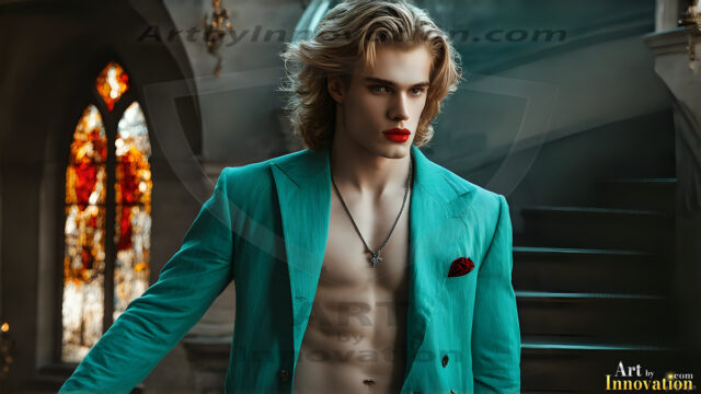 The Vampire Lestat de Lioncourt, created by Anne Rice, is a fascinating and complex character in The Vampire Chronicles novels. He's known for his captivating blend of vampiric existence and a lingering humanity. From Interview with a Vampire, The Vampire Lestat, and Queen of the Damned novels. I've created a series of images that I feel represent the man behind the vampire. In the midst of the darkness, a scary figure emerges with an aura of power and magnetism. Around his neck, a bold silver necklace glimmers, adding a touch of regal elegance to his dark ensemble. His lips, a vivid shade of red, open slightly to reveal his true nature, as he reveals his fangs, and a predatory grin from his stunningly handsome face, hinting at his primal nature. Strands of hair cascade around his face, capturing the silvery glow of the bright moonlight, and adding a touch of mystery to his intense visage, as they blow back in the wind.