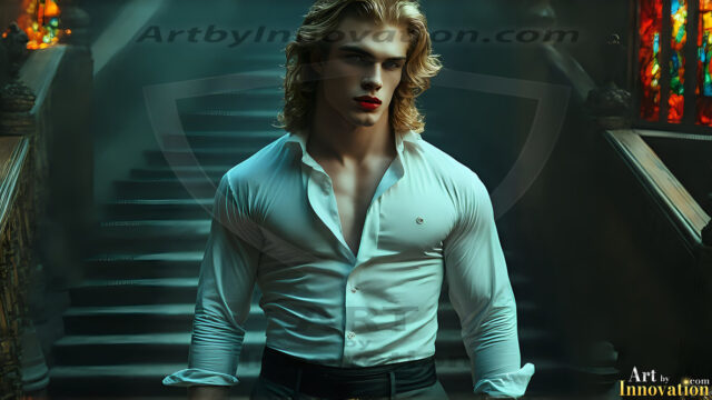 The Vampire Lestat de Lioncourt, created by Anne Rice, is a fascinating and complex character in The Vampire Chronicles novels. He's known for his captivating blend of vampiric existence and a lingering humanity. From Interview with a Vampire, The Vampire Lestat, and Queen of the Damned novels. I've created a series of images that I feel represent the man behind the vampire. In the midst of the darkness, a scary figure emerges with an aura of power and magnetism. Around his neck, a bold silver necklace glimmers, adding a touch of regal elegance to his dark ensemble. His lips, a vivid shade of red, open slightly to reveal his true nature, as he reveals his fangs, and a predatory grin from his stunningly handsome face, hinting at his primal nature. Strands of hair cascade around his face, capturing the silvery glow of the bright moonlight, and adding a touch of mystery to his intense visage, as they blow back in the wind.