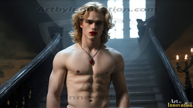 The Vampire Lestat de Lioncourt, created by Anne Rice, is a fascinating and complex character in The Vampire Chronicles novels. He's known for his captivating blend of vampiric existence and a lingering humanity. From Interview with a Vampire, The Vampire Lestat, and Queen of the Damned novels. I've created a series of images that I feel represent the man behind the vampire. In the midst of the darkness, a scary figure emerges with an aura of power and magnetism. Around his neck, a bold silver necklace glimmers, adding a touch of regal elegance to his dark ensemble. His lips, a vivid shade of red, open slightly to reveal his true nature, as he reveals his fangs, and a predatory grin from his stunningly handsome face, hinting at his primal nature. Strands of hair cascade around his face, capturing the silvery glow of the bright moonlight, and adding a touch of mystery to his intense visage, as they blow back in the wind.