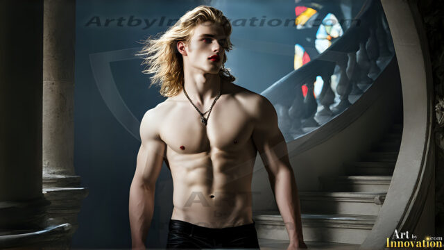 The Vampire Lestat de Lioncourt, created by Anne Rice, is a fascinating and complex character in The Vampire Chronicles novels. He's known for his captivating blend of vampiric existence and a lingering humanity. From Interview with a Vampire, The Vampire Lestat, and Queen of the Damned novels. I've created a series of images that I feel represent the man behind the vampire. In the midst of the darkness, a scary figure emerges with an aura of power and magnetism. Around his neck, a bold silver necklace glimmers, adding a touch of regal elegance to his dark ensemble. His lips, a vivid shade of red, open slightly to reveal his true nature, as he reveals his fangs, and a predatory grin from his stunningly handsome face, hinting at his primal nature. Strands of hair cascade around his face, capturing the silvery glow of the bright moonlight, and adding a touch of mystery to his intense visage, as they blow back in the wind.