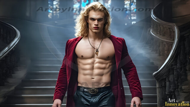 The Vampire Lestat de Lioncourt, created by Anne Rice, is a fascinating and complex character in The Vampire Chronicles novels. He's known for his captivating blend of vampiric existence and a lingering humanity. From Interview with a Vampire, The Vampire Lestat, and Queen of the Damned novels. I've created a series of images that I feel represent the man behind the vampire. In the midst of the darkness, a scary figure emerges with an aura of power and magnetism. Around his neck, a bold silver necklace glimmers, adding a touch of regal elegance to his dark ensemble. His lips, a vivid shade of red, open slightly to reveal his true nature, as he reveals his fangs, and a predatory grin from his stunningly handsome face, hinting at his primal nature. Strands of hair cascade around his face, capturing the silvery glow of the bright moonlight, and adding a touch of mystery to his intense visage, as they blow back in the wind.