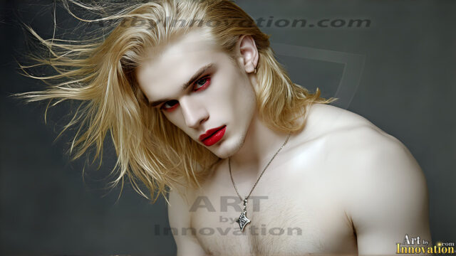 The Vampire Lestat de Lioncourt, created by Anne Rice, is a fascinating and complex character in The Vampire Chronicles novels. He's known for his captivating blend of vampiric existence and a lingering humanity. From Interview with a Vampire, The Vampire Lestat, and Queen of the Damned novels. I've created a series of images that I feel represent the man behind the vampire. In the midst of the darkness, a scary figure emerges with an aura of power and magnetism. Around his neck, a bold silver necklace glimmers, adding a touch of regal elegance to his dark ensemble. His lips, a vivid shade of red, open slightly to reveal his true nature, as he reveals his fangs, and a predatory grin from his stunningly handsome face, hinting at his primal nature. Strands of hair cascade around his face, capturing the silvery glow of the bright moonlight, and adding a touch of mystery to his intense visage, as they blow back in the wind.