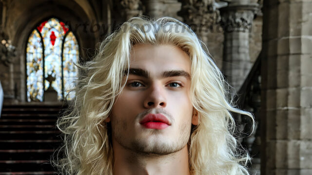 The Vampire Lestat de Lioncourt, created by Anne Rice, is a fascinating and complex character in The Vampire Chronicles novels. He's known for his captivating blend of vampiric existence and a lingering humanity. From Interview with a Vampire, The Vampire Lestat, and Queen of the Damned novels. I've created a series of images that I feel represent the man behind the vampire. In the midst of the darkness, a scary figure emerges with an aura of power and magnetism. Around his neck, a bold silver necklace glimmers, adding a touch of regal elegance to his dark ensemble. His lips, a vivid shade of red, open slightly to reveal his true nature, as he reveals his fangs, and a predatory grin from his stunningly handsome face, hinting at his primal nature. Strands of hair cascade around his face, capturing the silvery glow of the bright moonlight, and adding a touch of mystery to his intense visage, as they blow back in the wind.