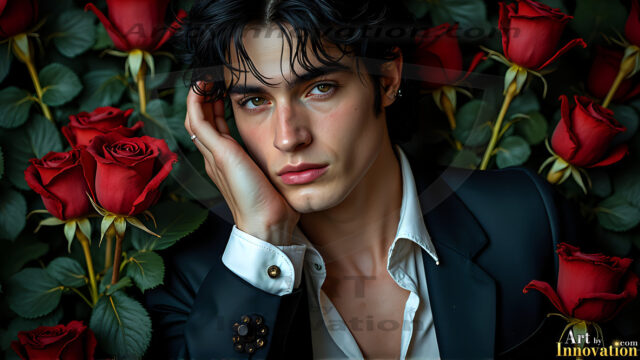 The Vampire Lestat de Lioncourt, created by Anne Rice, is a fascinating and complex character in The Vampire Chronicles novels. He's known for his captivating blend of vampiric existence and a lingering humanity. From Interview with a Vampire, The Vampire Lestat, and Queen of the Damned novels. I've created a series of images that I feel represent the man behind the vampire. In the midst of the darkness, a scary figure emerges with an aura of power and magnetism. Around his neck, a bold silver necklace glimmers, adding a touch of regal elegance to his dark ensemble. His lips, a vivid shade of red, open slightly to reveal his true nature, as he reveals his fangs, and a predatory grin from his stunningly handsome face, hinting at his primal nature. Strands of hair cascade around his face, capturing the silvery glow of the bright moonlight, and adding a touch of mystery to his intense visage, as they blow back in the wind.