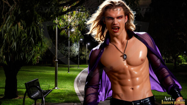 The Vampire Lestat de Lioncourt, created by Anne Rice, is a fascinating and complex character in The Vampire Chronicles novels. He's known for his captivating blend of vampiric existence and a lingering humanity. From Interview with a Vampire, The Vampire Lestat, and Queen of the Damned novels. I've created a series of images that I feel represent the man behind the vampire. In the midst of the darkness, a scary figure emerges with an aura of power and magnetism. Around his neck, a bold silver necklace glimmers, adding a touch of regal elegance to his dark ensemble. His lips, a vivid shade of red, open slightly to reveal his true nature, as he reveals his fangs, and a predatory grin from his stunningly handsome face, hinting at his primal nature. Strands of hair cascade around his face, capturing the silvery glow of the bright moonlight, and adding a touch of mystery to his intense visage, as they blow back in the wind.