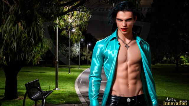 The Vampire Lestat de Lioncourt, created by Anne Rice, is a fascinating and complex character in The Vampire Chronicles novels. He's known for his captivating blend of vampiric existence and a lingering humanity. From Interview with a Vampire, The Vampire Lestat, and Queen of the Damned novels. I've created a series of images that I feel represent the man behind the vampire. In the midst of the darkness, a scary figure emerges with an aura of power and magnetism. Around his neck, a bold silver necklace glimmers, adding a touch of regal elegance to his dark ensemble. His lips, a vivid shade of red, open slightly to reveal his true nature, as he reveals his fangs, and a predatory grin from his stunningly handsome face, hinting at his primal nature. Strands of hair cascade around his face, capturing the silvery glow of the bright moonlight, and adding a touch of mystery to his intense visage, as they blow back in the wind.