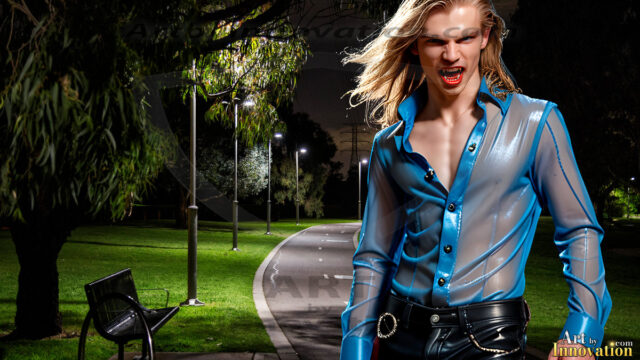 The Vampire Lestat de Lioncourt, created by Anne Rice, is a fascinating and complex character in The Vampire Chronicles novels. He's known for his captivating blend of vampiric existence and a lingering humanity. From Interview with a Vampire, The Vampire Lestat, and Queen of the Damned novels. I've created a series of images that I feel represent the man behind the vampire. In the midst of the darkness, a scary figure emerges with an aura of power and magnetism. Around his neck, a bold silver necklace glimmers, adding a touch of regal elegance to his dark ensemble. His lips, a vivid shade of red, open slightly to reveal his true nature, as he reveals his fangs, and a predatory grin from his stunningly handsome face, hinting at his primal nature. Strands of hair cascade around his face, capturing the silvery glow of the bright moonlight, and adding a touch of mystery to his intense visage, as they blow back in the wind.