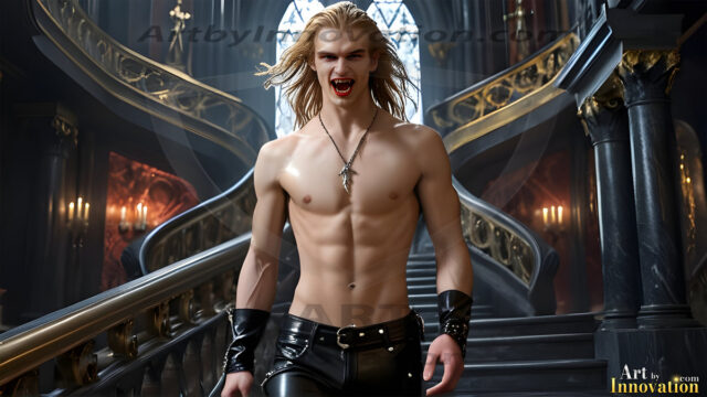 The Vampire Lestat de Lioncourt, created by Anne Rice, is a fascinating and complex character in The Vampire Chronicles novels. He's known for his captivating blend of vampiric existence and a lingering humanity. From Interview with a Vampire, The Vampire Lestat, and Queen of the Damned novels. I've created a series of images that I feel represent the man behind the vampire. In the midst of the darkness, a scary figure emerges with an aura of power and magnetism. Around his neck, a bold silver necklace glimmers, adding a touch of regal elegance to his dark ensemble. His lips, a vivid shade of red, open slightly to reveal his true nature, as he reveals his fangs, and a predatory grin from his stunningly handsome face, hinting at his primal nature. Strands of hair cascade around his face, capturing the silvery glow of the bright moonlight, and adding a touch of mystery to his intense visage, as they blow back in the wind.