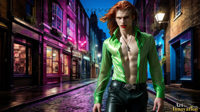 The Vampire Lestat de Lioncourt, created by Anne Rice, is a fascinating and complex character in The Vampire Chronicles novels. He's known for his captivating blend of vampiric existence and a lingering humanity. From Interview with a Vampire, The Vampire Lestat, and Queen of the Damned novels. I've created a series of images that I feel represent the man behind the vampire. In the midst of the darkness, a scary figure emerges with an aura of power and magnetism. Around his neck, a bold silver necklace glimmers, adding a touch of regal elegance to his dark ensemble. His lips, a vivid shade of red, open slightly to reveal his true nature, as he reveals his fangs, and a predatory grin from his stunningly handsome face, hinting at his primal nature. Strands of hair cascade around his face, capturing the silvery glow of the bright moonlight, and adding a touch of mystery to his intense visage, as they blow back in the wind.