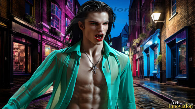 The Vampire Lestat de Lioncourt, created by Anne Rice, is a fascinating and complex character in The Vampire Chronicles novels. He's known for his captivating blend of vampiric existence and a lingering humanity. From Interview with a Vampire, The Vampire Lestat, and Queen of the Damned novels. I've created a series of images that I feel represent the man behind the vampire. In the midst of the darkness, a scary figure emerges with an aura of power and magnetism. Around his neck, a bold silver necklace glimmers, adding a touch of regal elegance to his dark ensemble. His lips, a vivid shade of red, open slightly to reveal his true nature, as he reveals his fangs, and a predatory grin from his stunningly handsome face, hinting at his primal nature. Strands of hair cascade around his face, capturing the silvery glow of the bright moonlight, and adding a touch of mystery to his intense visage, as they blow back in the wind.