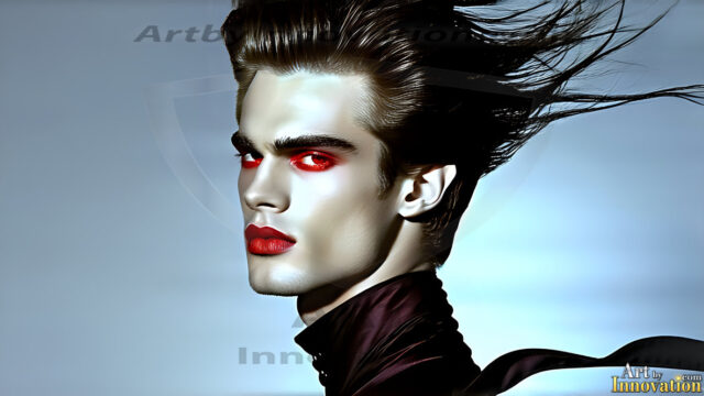 The Vampire Lestat de Lioncourt, created by Anne Rice, is a fascinating and complex character in The Vampire Chronicles novels. He's known for his captivating blend of vampiric existence and a lingering humanity. From Interview with a Vampire, The Vampire Lestat, and Queen of the Damned novels. I've created a series of images that I feel represent the man behind the vampire. In the midst of the darkness, a scary figure emerges with an aura of power and magnetism. Around his neck, a bold silver necklace glimmers, adding a touch of regal elegance to his dark ensemble. His lips, a vivid shade of red, open slightly to reveal his true nature, as he reveals his fangs, and a predatory grin from his stunningly handsome face, hinting at his primal nature. Strands of hair cascade around his face, capturing the silvery glow of the bright moonlight, and adding a touch of mystery to his intense visage, as they blow back in the wind.