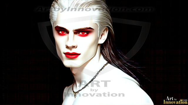 The Vampire Lestat de Lioncourt, created by Anne Rice, is a fascinating and complex character in The Vampire Chronicles novels. He's known for his captivating blend of vampiric existence and a lingering humanity. From Interview with a Vampire, The Vampire Lestat, and Queen of the Damned novels. I've created a series of images that I feel represent the man behind the vampire. In the midst of the darkness, a scary figure emerges with an aura of power and magnetism. Around his neck, a bold silver necklace glimmers, adding a touch of regal elegance to his dark ensemble. His lips, a vivid shade of red, open slightly to reveal his true nature, as he reveals his fangs, and a predatory grin from his stunningly handsome face, hinting at his primal nature. Strands of hair cascade around his face, capturing the silvery glow of the bright moonlight, and adding a touch of mystery to his intense visage, as they blow back in the wind.