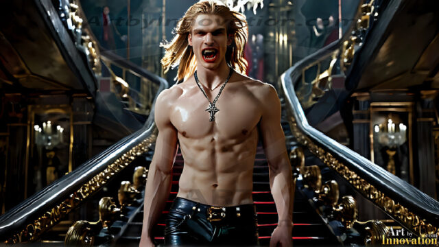 The Vampire Lestat de Lioncourt, created by Anne Rice, is a fascinating and complex character in The Vampire Chronicles novels. He's known for his captivating blend of vampiric existence and a lingering humanity. From Interview with a Vampire, The Vampire Lestat, and Queen of the Damned novels. I've created a series of images that I feel represent the man behind the vampire. In the midst of the darkness, a scary figure emerges with an aura of power and magnetism. Around his neck, a bold silver necklace glimmers, adding a touch of regal elegance to his dark ensemble. His lips, a vivid shade of red, open slightly to reveal his true nature, as he reveals his fangs, and a predatory grin from his stunningly handsome face, hinting at his primal nature. Strands of hair cascade around his face, capturing the silvery glow of the bright moonlight, and adding a touch of mystery to his intense visage, as they blow back in the wind.