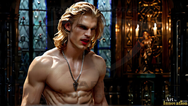 The Vampire Lestat de Lioncourt, created by Anne Rice, is a fascinating and complex character in The Vampire Chronicles novels. He's known for his captivating blend of vampiric existence and a lingering humanity. From Interview with a Vampire, The Vampire Lestat, and Queen of the Damned novels. I've created a series of images that I feel represent the man behind the vampire. In the midst of the darkness, a scary figure emerges with an aura of power and magnetism. Around his neck, a bold silver necklace glimmers, adding a touch of regal elegance to his dark ensemble. His lips, a vivid shade of red, open slightly to reveal his true nature, as he reveals his fangs, and a predatory grin from his stunningly handsome face, hinting at his primal nature. Strands of hair cascade around his face, capturing the silvery glow of the bright moonlight, and adding a touch of mystery to his intense visage, as they blow back in the wind.