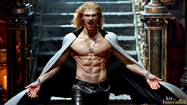 The Vampire Lestat de Lioncourt, created by Anne Rice, is a fascinating and complex character in The Vampire Chronicles novels. He's known for his captivating blend of vampiric existence and a lingering humanity. From Interview with a Vampire, The Vampire Lestat, and Queen of the Damned novels. I've created a series of images that I feel represent the man behind the vampire. In the midst of the darkness, a scary figure emerges with an aura of power and magnetism. Around his neck, a bold silver necklace glimmers, adding a touch of regal elegance to his dark ensemble. His lips, a vivid shade of red, open slightly to reveal his true nature, as he reveals his fangs, and a predatory grin from his stunningly handsome face, hinting at his primal nature. Strands of hair cascade around his face, capturing the silvery glow of the bright moonlight, and adding a touch of mystery to his intense visage, as they blow back in the wind.