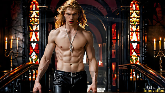 The Vampire Lestat de Lioncourt, created by Anne Rice, is a fascinating and complex character in The Vampire Chronicles novels. He's known for his captivating blend of vampiric existence and a lingering humanity. From Interview with a Vampire, The Vampire Lestat, and Queen of the Damned novels. I've created a series of images that I feel represent the man behind the vampire. In the midst of the darkness, a scary figure emerges with an aura of power and magnetism. Around his neck, a bold silver necklace glimmers, adding a touch of regal elegance to his dark ensemble. His lips, a vivid shade of red, open slightly to reveal his true nature, as he reveals his fangs, and a predatory grin from his stunningly handsome face, hinting at his primal nature. Strands of hair cascade around his face, capturing the silvery glow of the bright moonlight, and adding a touch of mystery to his intense visage, as they blow back in the wind.