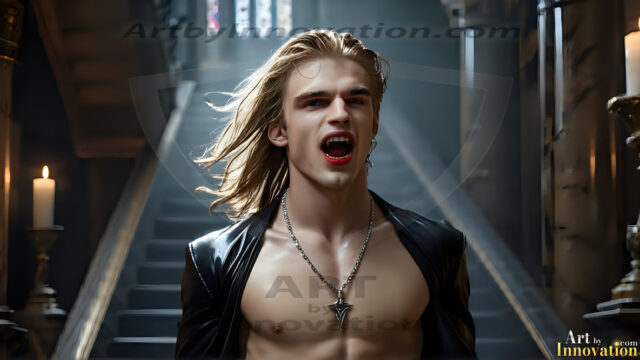 The Vampire Lestat de Lioncourt, created by Anne Rice, is a fascinating and complex character in The Vampire Chronicles novels. He's known for his captivating blend of vampiric existence and a lingering humanity. From Interview with a Vampire, The Vampire Lestat, and Queen of the Damned novels. I've created a series of images that I feel represent the man behind the vampire. In the midst of the darkness, a scary figure emerges with an aura of power and magnetism. Around his neck, a bold silver necklace glimmers, adding a touch of regal elegance to his dark ensemble. His lips, a vivid shade of red, open slightly to reveal his true nature, as he reveals his fangs, and a predatory grin from his stunningly handsome face, hinting at his primal nature. Strands of hair cascade around his face, capturing the silvery glow of the bright moonlight, and adding a touch of mystery to his intense visage, as they blow back in the wind.