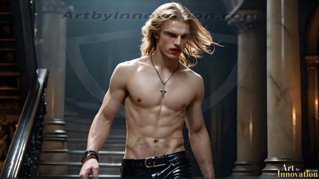 The Vampire Lestat de Lioncourt, created by Anne Rice, is a fascinating and complex character in The Vampire Chronicles novels. He's known for his captivating blend of vampiric existence and a lingering humanity. From Interview with a Vampire, The Vampire Lestat, and Queen of the Damned novels. I've created a series of images that I feel represent the man behind the vampire. In the midst of the darkness, a scary figure emerges with an aura of power and magnetism. Around his neck, a bold silver necklace glimmers, adding a touch of regal elegance to his dark ensemble. His lips, a vivid shade of red, open slightly to reveal his true nature, as he reveals his fangs, and a predatory grin from his stunningly handsome face, hinting at his primal nature. Strands of hair cascade around his face, capturing the silvery glow of the bright moonlight, and adding a touch of mystery to his intense visage, as they blow back in the wind.