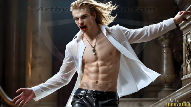 The Vampire Lestat de Lioncourt, created by Anne Rice, is a fascinating and complex character in The Vampire Chronicles novels. He's known for his captivating blend of vampiric existence and a lingering humanity. From Interview with a Vampire, The Vampire Lestat, and Queen of the Damned novels. I've created a series of images that I feel represent the man behind the vampire. In the midst of the darkness, a scary figure emerges with an aura of power and magnetism. Around his neck, a bold silver necklace glimmers, adding a touch of regal elegance to his dark ensemble. His lips, a vivid shade of red, open slightly to reveal his true nature, as he reveals his fangs, and a predatory grin from his stunningly handsome face, hinting at his primal nature. Strands of hair cascade around his face, capturing the silvery glow of the bright moonlight, and adding a touch of mystery to his intense visage, as they blow back in the wind.