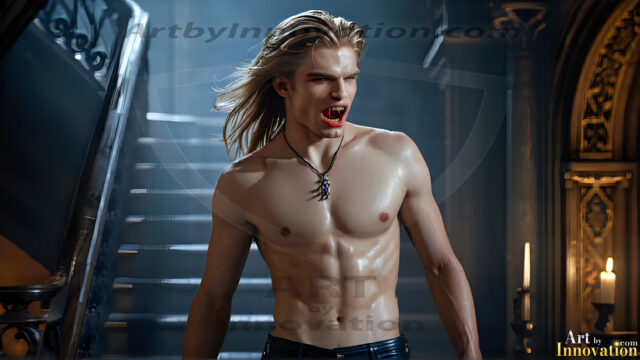 The Vampire Lestat de Lioncourt, created by Anne Rice, is a fascinating and complex character in The Vampire Chronicles novels. He's known for his captivating blend of vampiric existence and a lingering humanity. From Interview with a Vampire, The Vampire Lestat, and Queen of the Damned novels. I've created a series of images that I feel represent the man behind the vampire. In the midst of the darkness, a scary figure emerges with an aura of power and magnetism. Around his neck, a bold silver necklace glimmers, adding a touch of regal elegance to his dark ensemble. His lips, a vivid shade of red, open slightly to reveal his true nature, as he reveals his fangs, and a predatory grin from his stunningly handsome face, hinting at his primal nature. Strands of hair cascade around his face, capturing the silvery glow of the bright moonlight, and adding a touch of mystery to his intense visage, as they blow back in the wind.